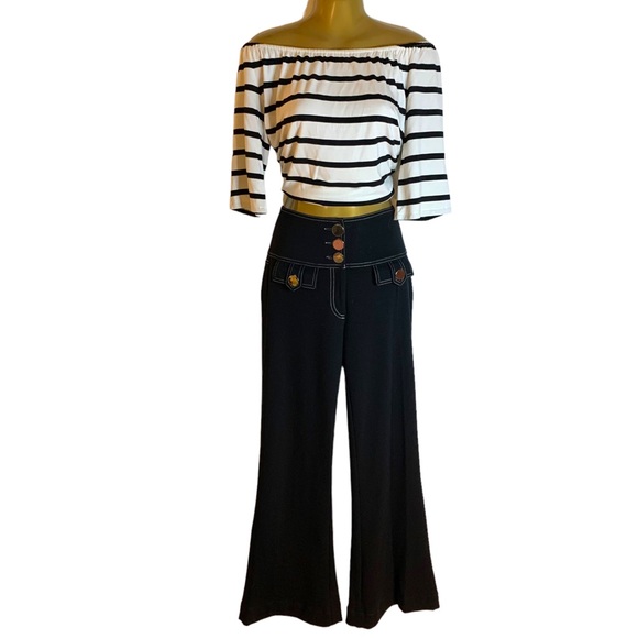 New black trousers white stitching gold shiny buttons tight fit wide flare size4 - Picture 10 of 10